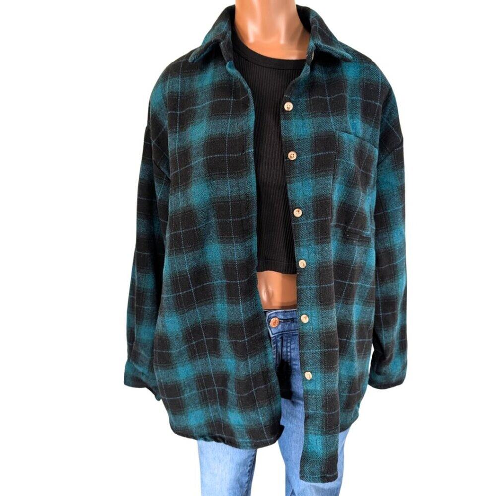 Love Notes Medium Green Black Button Long Sleeve Plaid Flannel Grunge 90s